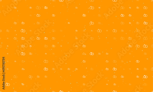 Seamless background pattern of evenly spaced white wedding rings symbols of different sizes and opacity. Vector illustration on orange background with stars