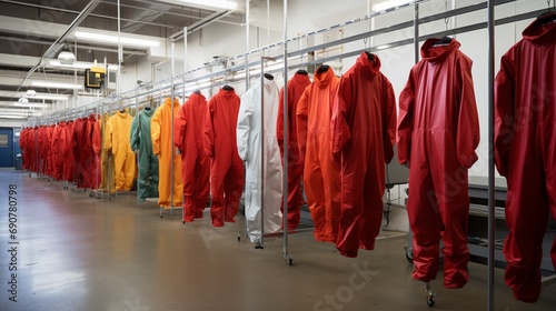 Amidst a sterile environment, a line of flame-retardant coveralls stands, their seamless construction promising protection without compromise