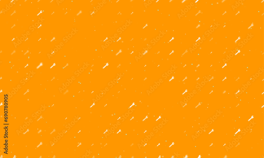 Seamless background pattern of evenly spaced white adjustable wrench symbols of different sizes and opacity. Vector illustration on orange background with stars Seamless background pattern of evenly spaced white adjustable wrench symbols of different sizes and opacity. Vector illustration on orange background with stars