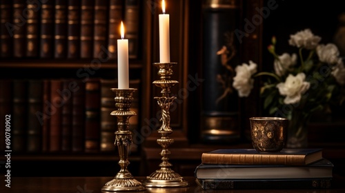 Amongst vintage decor, a stately gold candlestick asserts its presence, evoking a sense of regal grandeur and sophisticated charm