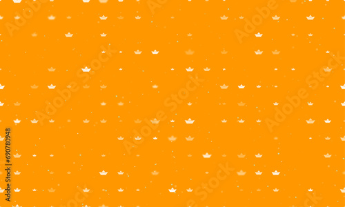 Seamless background pattern of evenly spaced white paper boat symbols of different sizes and opacity. Vector illustration on orange background with stars