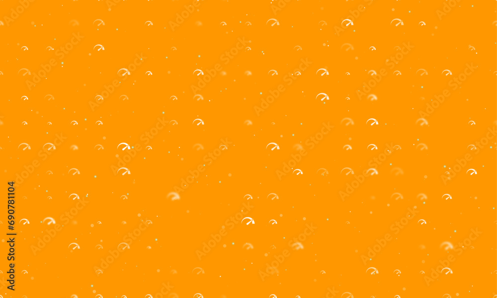 Seamless background pattern of evenly spaced white tachometer symbols of different sizes and opacity. Vector illustration on orange background with stars Seamless background pattern of evenly spaced white tachometer symbols of different sizes and opacity. Vector illustration on orange background with stars