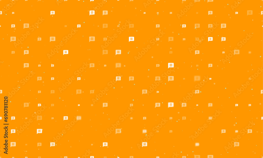 Seamless background pattern of evenly spaced white chat symbols of different sizes and opacity. Vector illustration on orange background with stars
