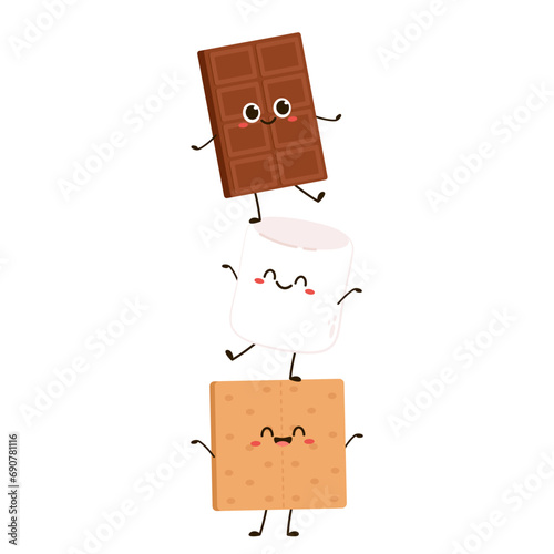 Sweet sandwiches from chocolate and marshmallow. Scheme of smore sweet children dessert preparing, cartoon vector illustration isolated on white background.