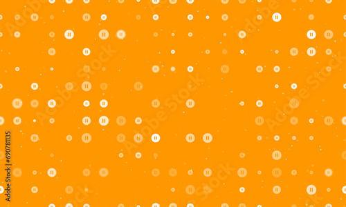 Seamless background pattern of evenly spaced white pause symbols of different sizes and opacity. Vector illustration on orange background with stars