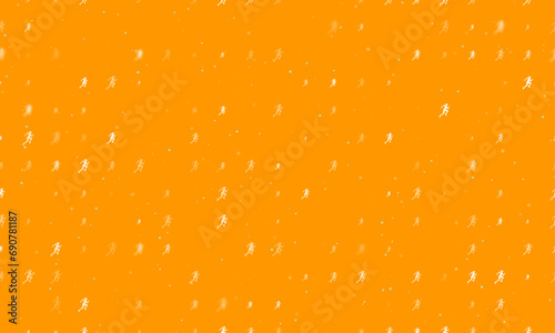 Seamless background pattern of evenly spaced white running woman symbols of different sizes and opacity. Vector illustration on orange background with stars