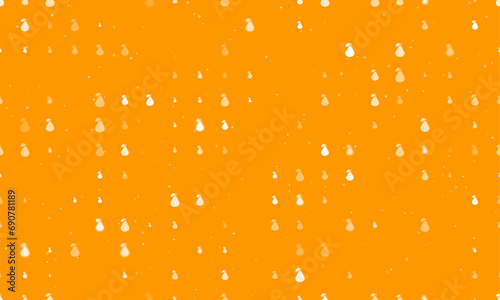 Seamless background pattern of evenly spaced white pear symbols of different sizes and opacity. Vector illustration on orange background with stars