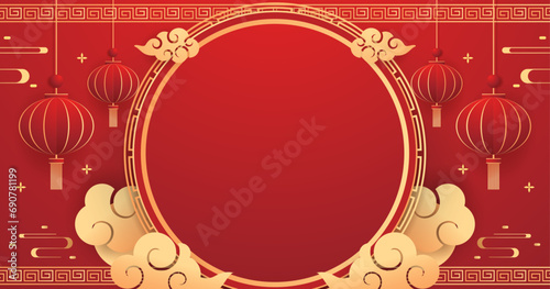 Happy Chinese new year 2024. Chinese new year banner with circle for show product. Greeting card. China frame with lantern on red background.