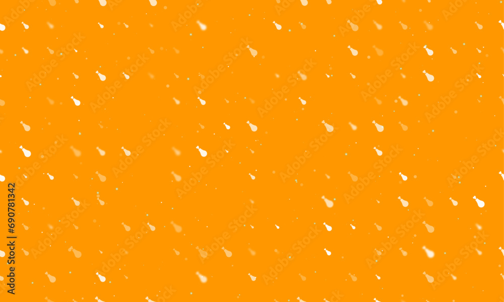 Seamless background pattern of evenly spaced white chicken's leg symbols of different sizes and opacity. Vector illustration on orange background with stars