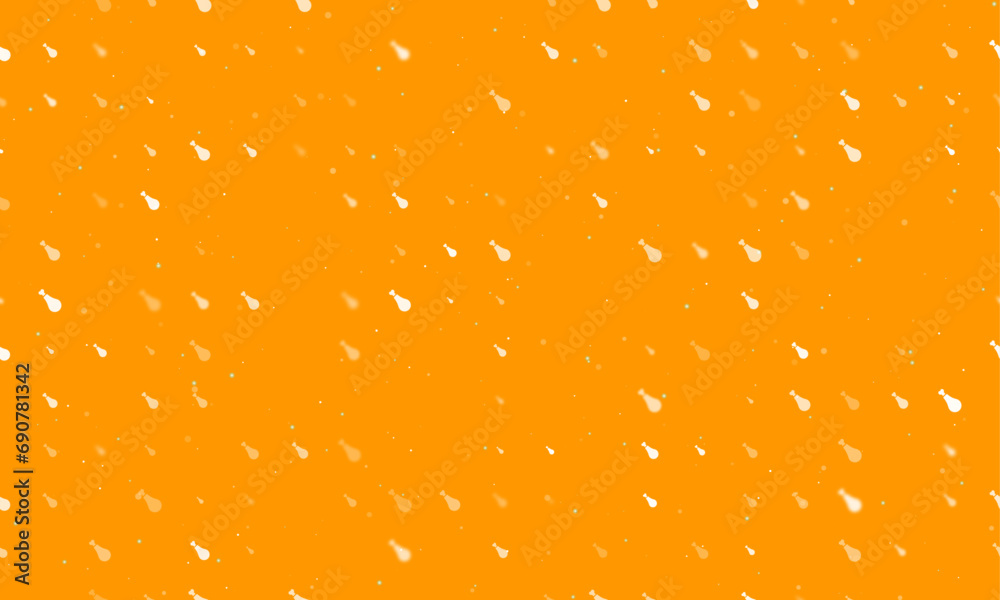 Seamless background pattern of evenly spaced white chicken's leg symbols of different sizes and opacity. Vector illustration on orange background with stars Seamless background pattern of evenly spaced white chicken's leg symbols of different sizes and opacity. Vector illustration on orange background with stars