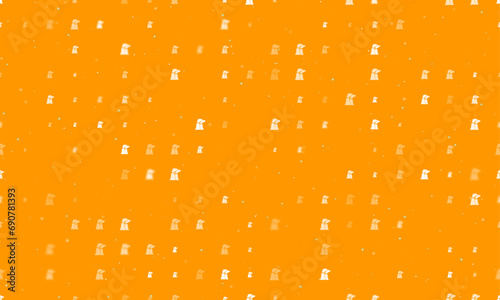 Seamless background pattern of evenly spaced white industrial pollution symbols of different sizes and opacity. Vector illustration on orange background with stars