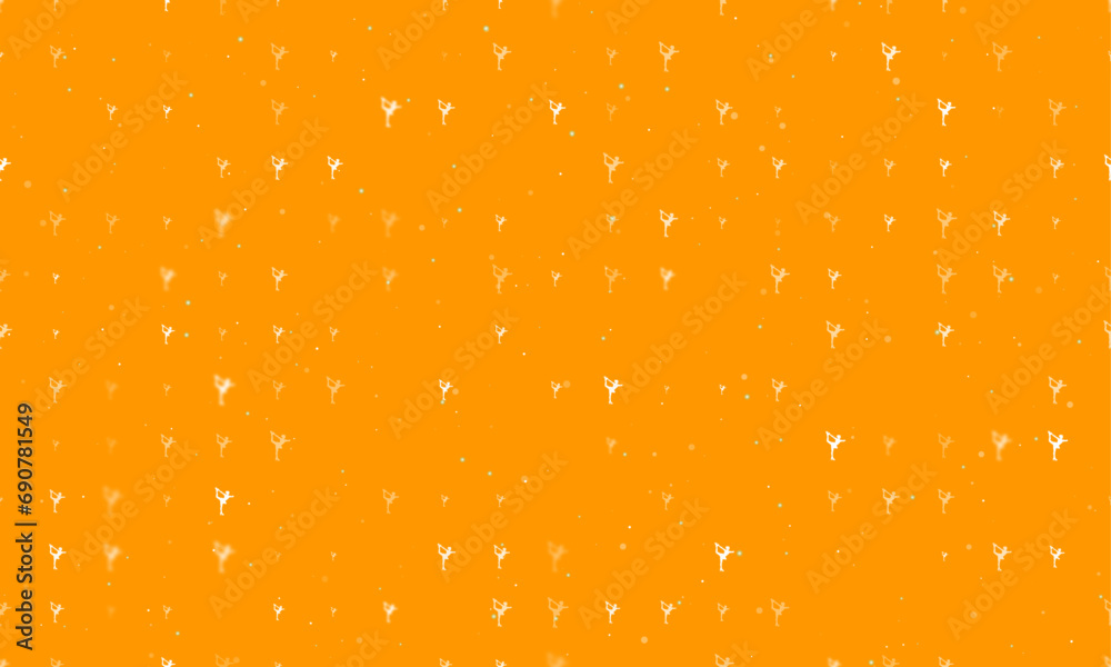 Seamless background pattern of evenly spaced white figure skating symbols of different sizes and opacity. Vector illustration on orange background with stars