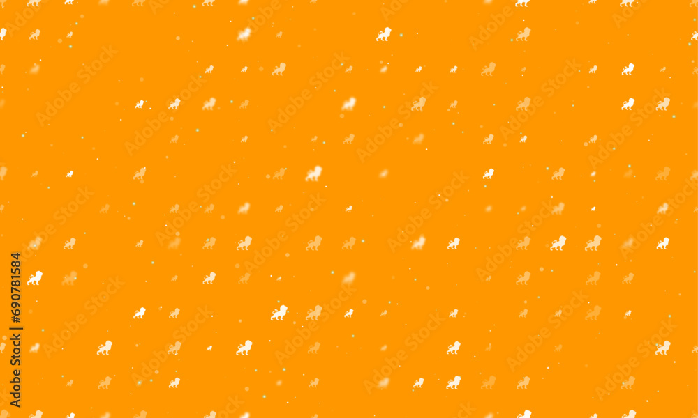 Seamless background pattern of evenly spaced white lion symbols of different sizes and opacity. Vector illustration on orange background with stars Seamless background pattern of evenly spaced white lion symbols of different sizes and opacity. Vector illustration on orange background with stars