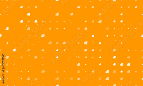 Seamless background pattern of evenly spaced white boxing gloves symbols of different sizes and opacity. Vector illustration on orange background with stars