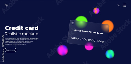 Credit card mock-up glass morphism style. Bank card presentation. Plastic rectangle of transparent plastic with blur effect. Liquid shapes morphism abstract art. Vector illustration