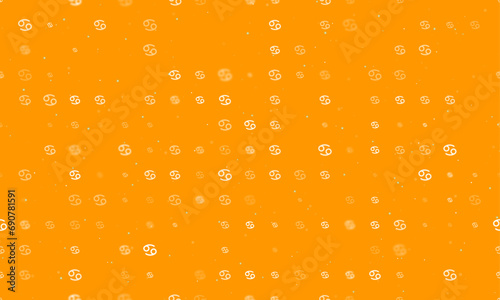 Seamless background pattern of evenly spaced white cancer zodiac symbols of different sizes and opacity. Vector illustration on orange background with stars