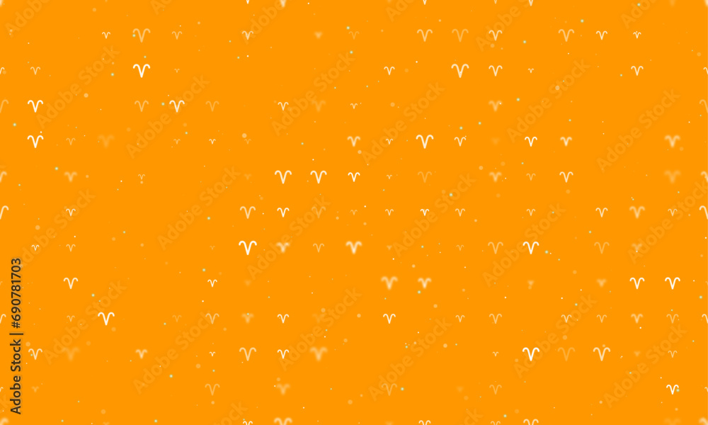 Seamless background pattern of evenly spaced white zodiac aries symbols of different sizes and opacity. Vector illustration on orange background with stars