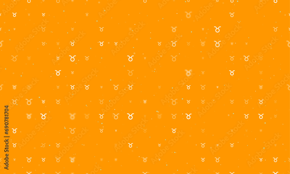 Seamless background pattern of evenly spaced white zodiac taurus symbols of different sizes and opacity. Vector illustration on orange background with stars Seamless background pattern of evenly spaced white zodiac taurus symbols of different sizes and opacity. Vector illustration on orange background with stars