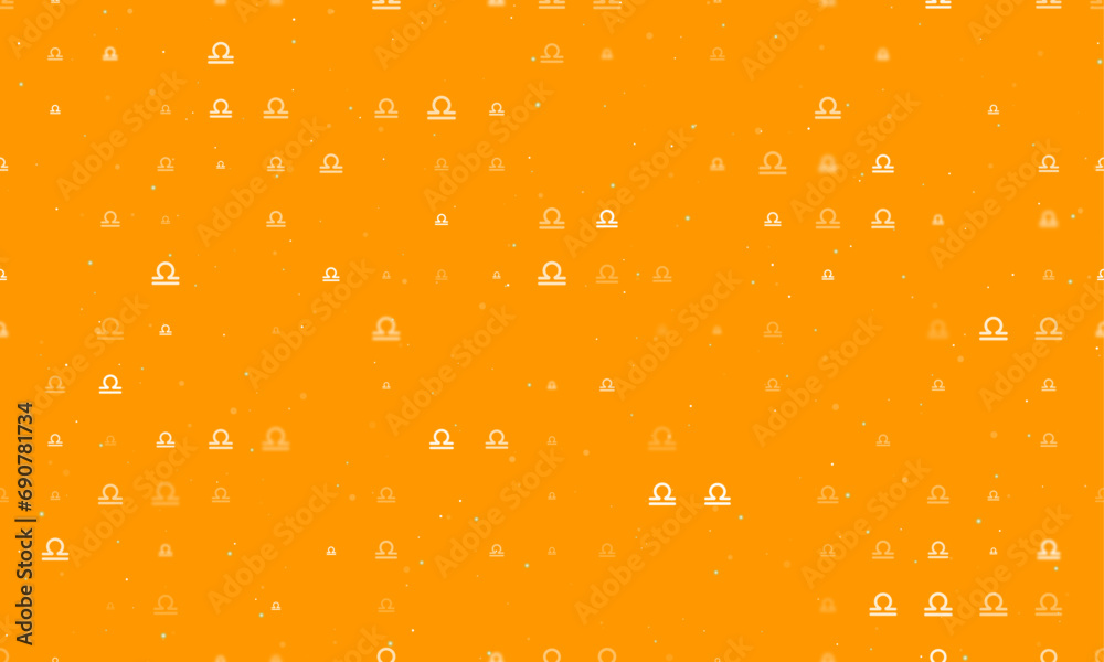 Seamless background pattern of evenly spaced white zodiac libra symbols of different sizes and opacity. Vector illustration on orange background with stars Seamless background pattern of evenly spaced white zodiac libra symbols of different sizes and opacity. Vector illustration on orange background with stars