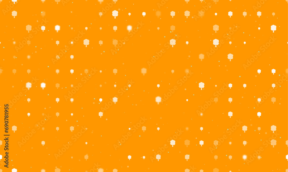 Seamless background pattern of evenly spaced white tree symbols of different sizes and opacity. Vector illustration on orange background with stars