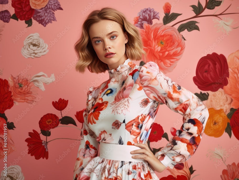 Fashionable Young Woman in Red Floral Clothes Posing in Studio Fashionable Young Woman in Red Floral Clothes Posing in Studio