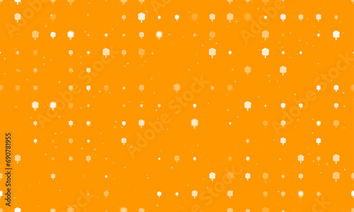 Seamless background pattern of evenly spaced white tree symbols of different sizes and opacity. Vector illustration on orange background with stars