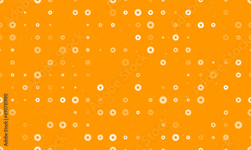 Seamless background pattern of evenly spaced white record media symbols of different sizes and opacity. Vector illustration on orange background with stars