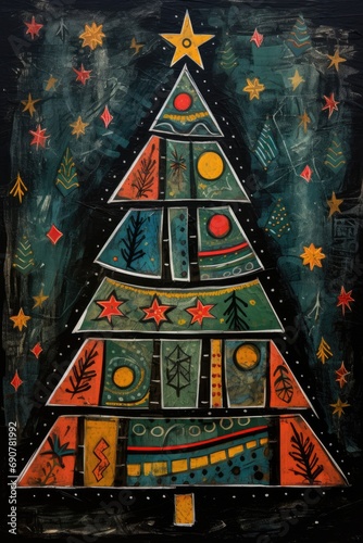 A christmas tree card art brut style illustration