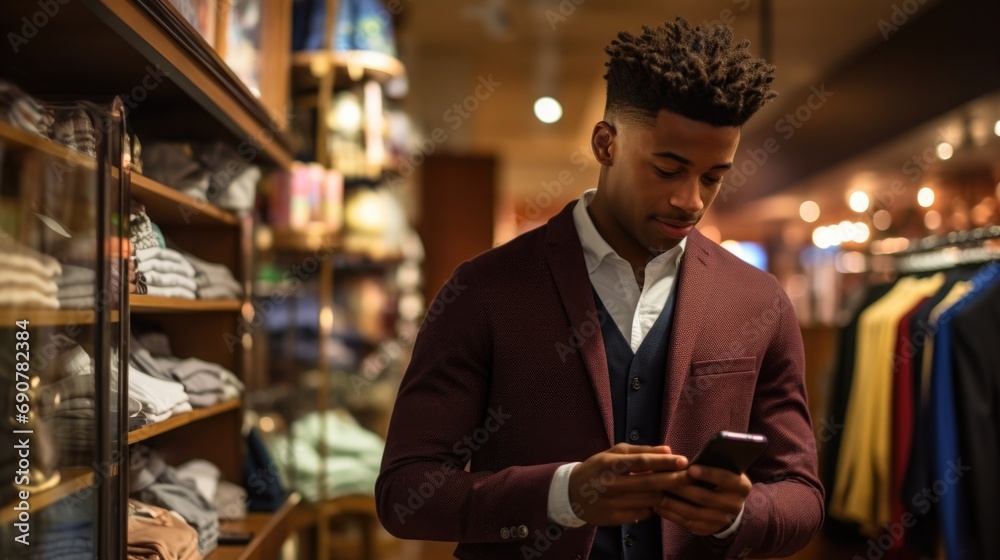 A stylish young man in a suit engrossed in his phone while browsing in a clothing store. Generative AI.