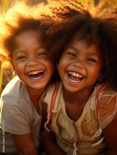 Two adorable children with afro hair share a joyful laugh under the sun. Generative AI.