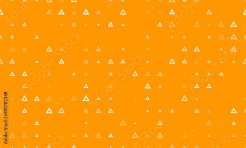 Seamless background pattern of evenly spaced white emergency stop signs of different sizes and opacity. Vector illustration on orange background with stars