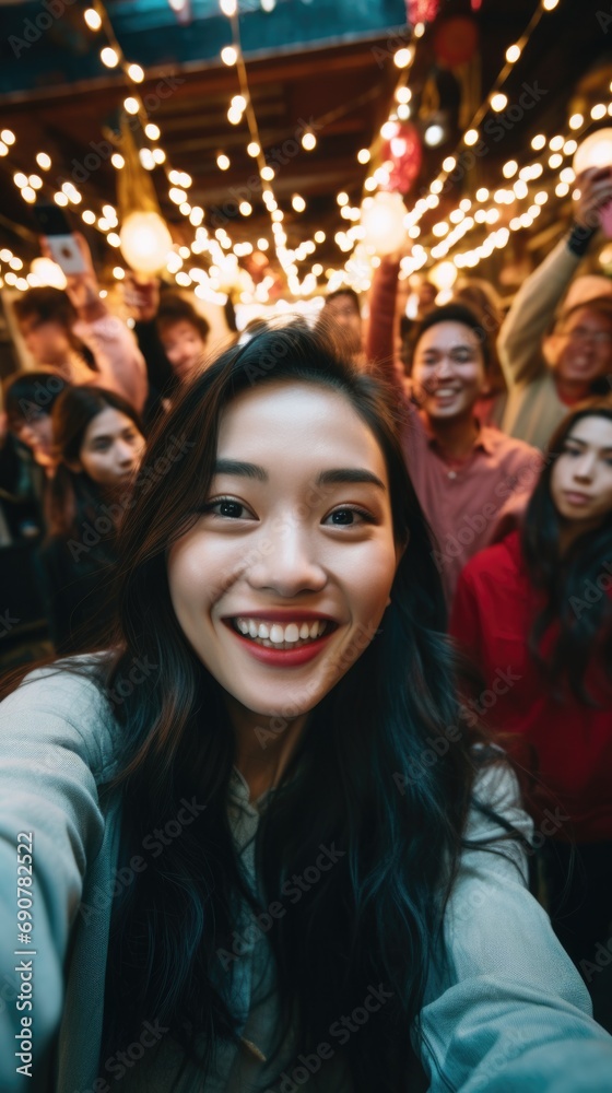 A group of young friends having a fun time taking a selfie at a crowded party. Generative AI.