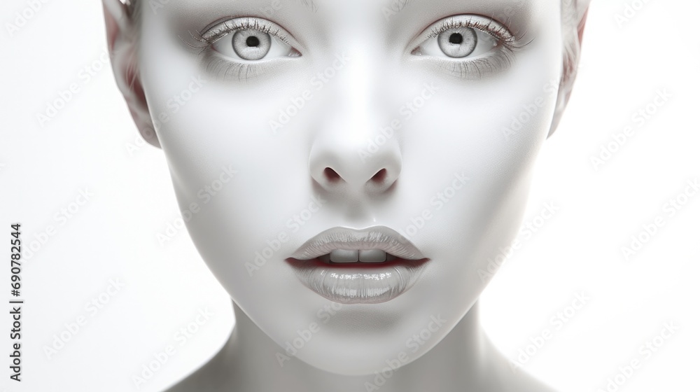 A captivating close-up of a young woman's face with mesmerizing eyes on a minimalist white background. Generative AI.