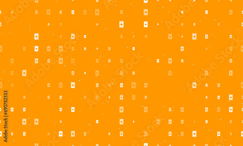 Seamless background pattern of evenly spaced white ace of spades cards of different sizes and opacity. Vector illustration on orange background with stars