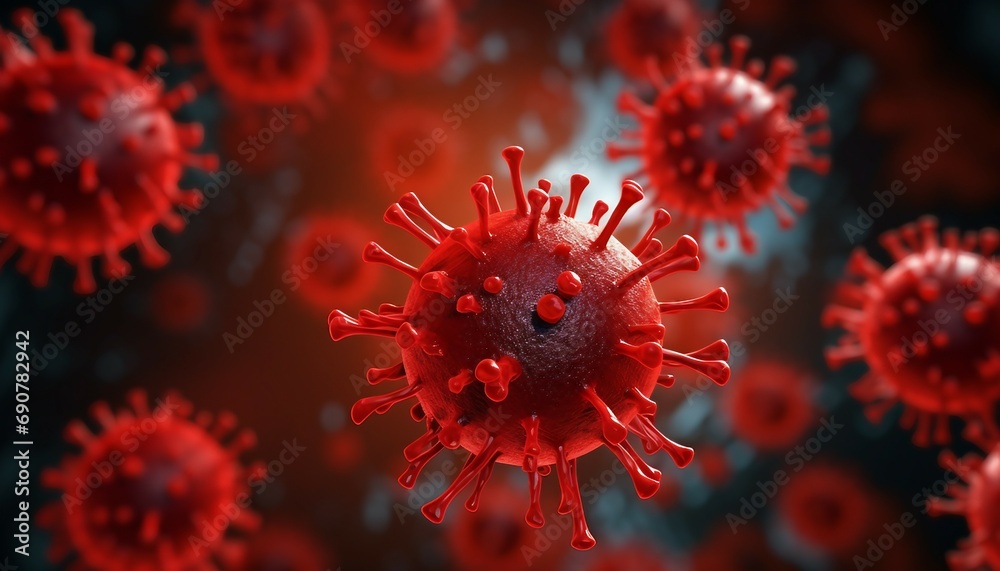 Corona Virus In Red Background - Microbiology And Virology Concept, ai art illustration 