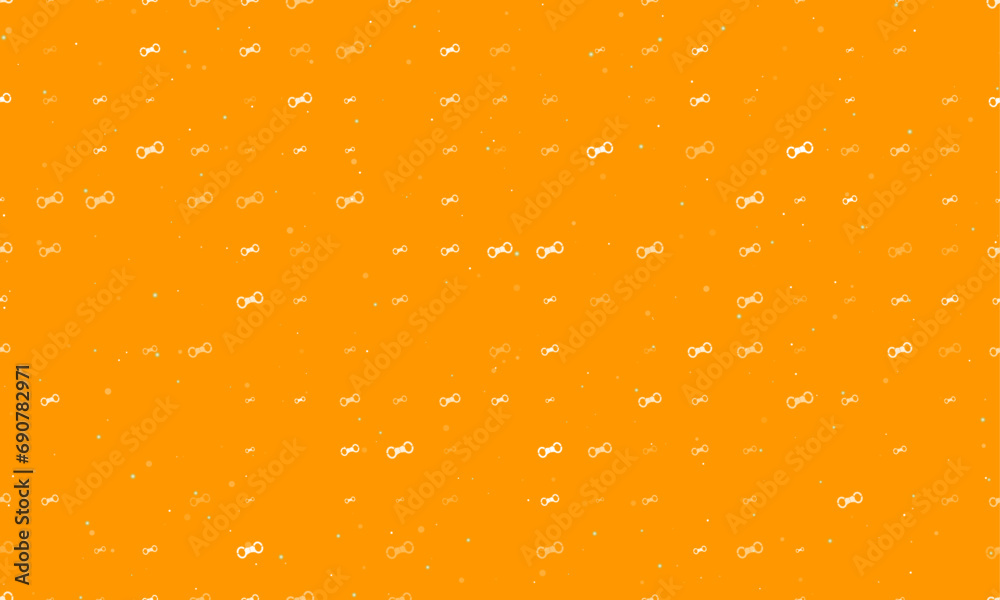 Seamless background pattern of evenly spaced white handcuffs symbols of different sizes and opacity. Vector illustration on orange background with stars