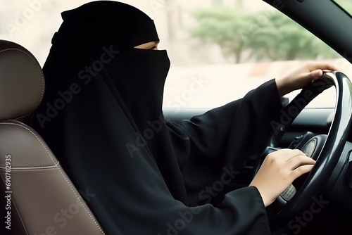Beautiful muslim woman driving car. Neural network AI generated art © mehaniq41