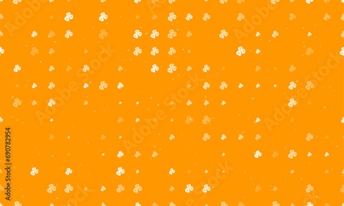 Seamless background pattern of evenly spaced white divination stones symbols of different sizes and opacity. Vector illustration on orange background with stars