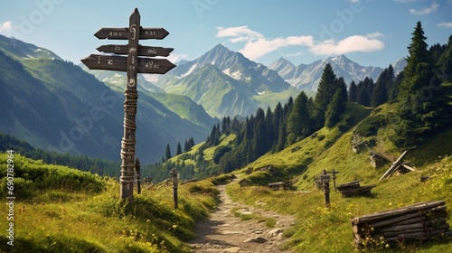 An assortment of collapsible trekking poles leaning against a weathered wooden signpost, marking various trails amidst lush, green valleys photo