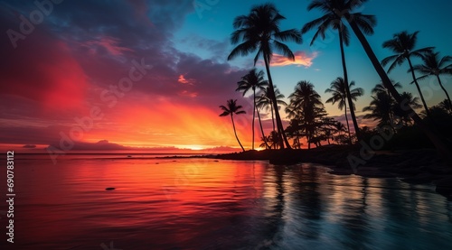 Tropical sunset with palms and ocean view