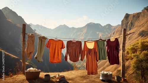An assortment of durable, quick-dry clothing items hanging on a makeshift clothesline against a backdrop of sun-kissed mountain slopes