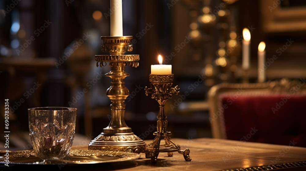 An elegant gold candlestick, embellished with intricate motifs, graces an antique wooden table, casting a warm, inviting glow in a sophisticated setting