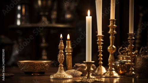 An intricately carved gold candlestick, bathed in soft candlelight, takes pride of place amidst a collection of artistic treasures