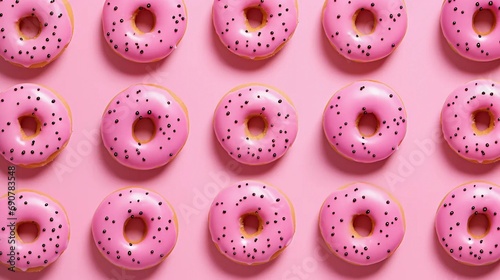 Donuts with pink icing on a pink background, donut pattern