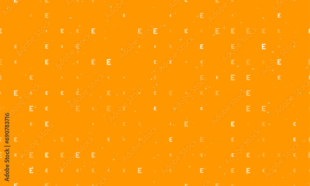 Seamless background pattern of evenly spaced white capital letter E symbols of different sizes and opacity. Vector illustration on orange background with stars Seamless background pattern of evenly spaced white capital letter E symbols of different sizes and opacity. Vector illustration on orange background with stars