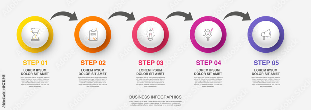 Vector modern infographic with 5 circles and arrows. 3D concept graphic process template with five steps and icons. Timeline for the business project on white background - obrazy, fototapety, plakaty 