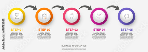 Vector modern infographic with 5 circles and arrows. 3D concept graphic process template with five steps and icons. Timeline for the business project on white background
