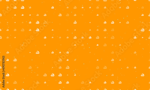 Seamless background pattern of evenly spaced white sailing boat symbols of different sizes and opacity. Vector illustration on orange background with stars
