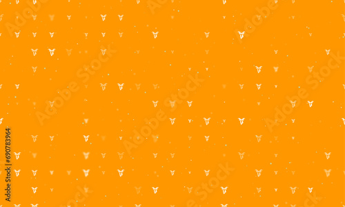 Seamless background pattern of evenly spaced white goat head symbols of different sizes and opacity. Vector illustration on orange background with stars
