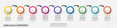 Vector modern infographic with nine circles and arrows. 3D concept graphic process template with 9 steps and icons. Timeline for the business project on white background photo